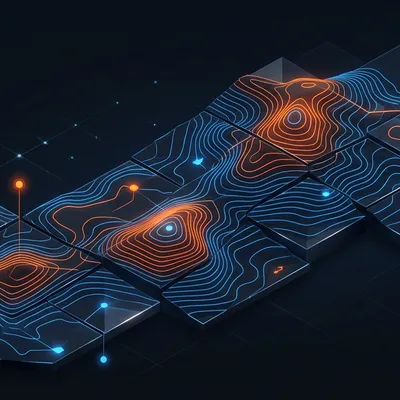 A stylized topographic mosaic of map tiles